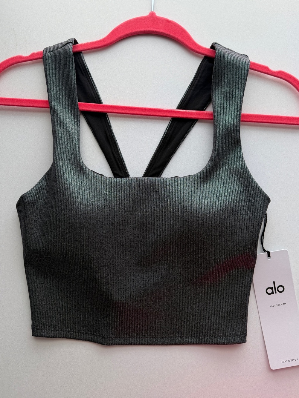 ALO Yoga Alosoft Ribbed Shimmer Chic Bra Tank Dark Grey Iridescent Size S NWT